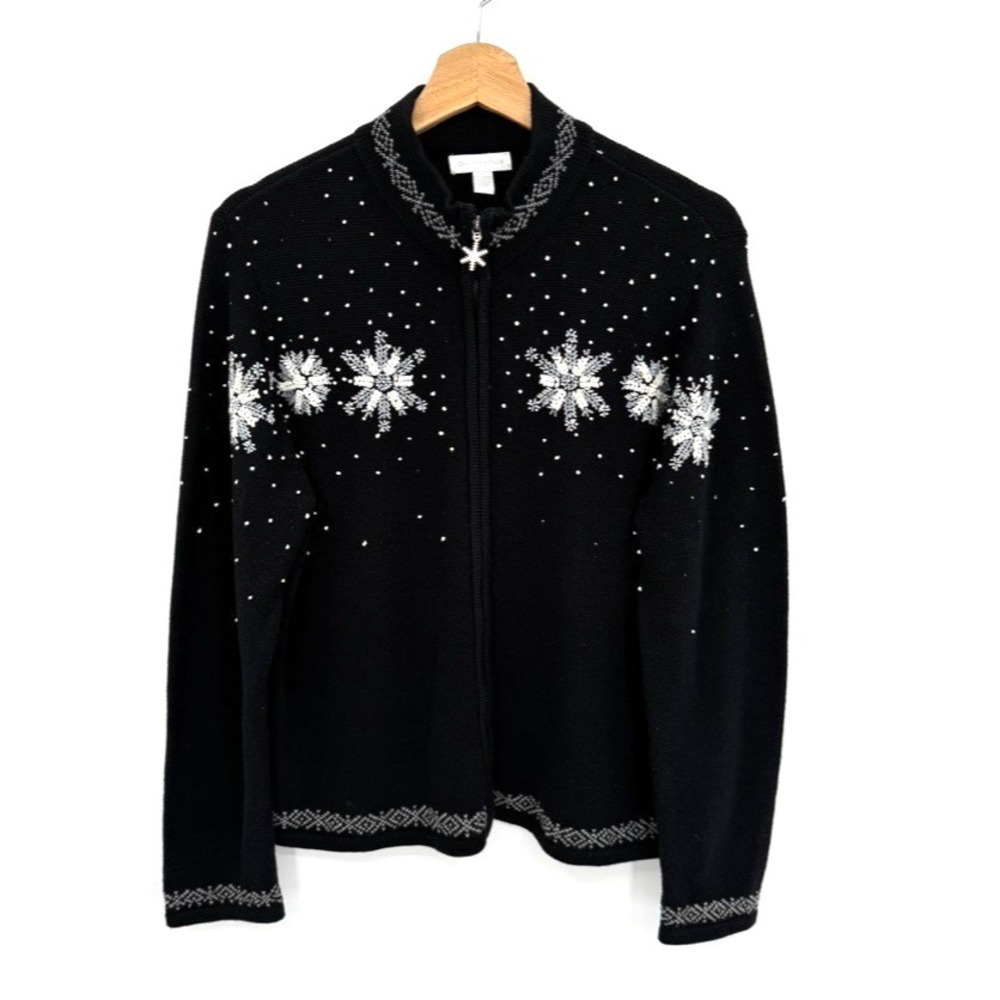 Charter Club‎ Snowflake Embroidered Beaded Zip Cardigan Sweater L Holidays